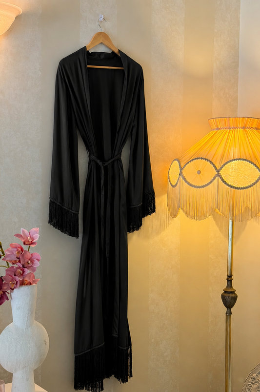 Silk Fringe Gown in Nero