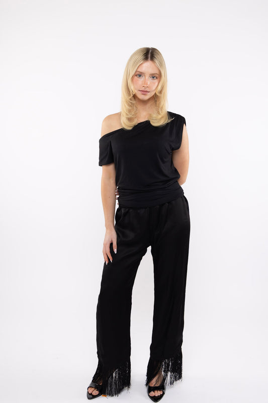Signature Silk Fringe Pant in Nero